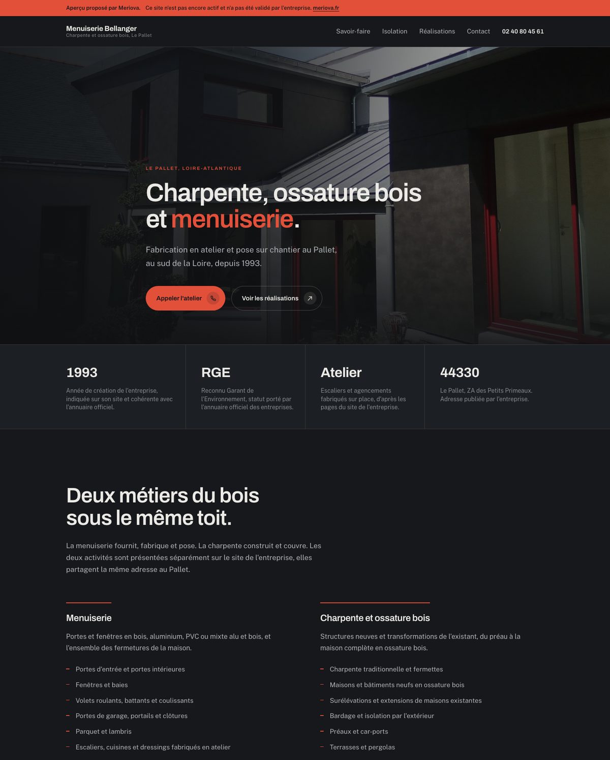 Capture de l'aperçu Meriova : héros photographique, repères sourcés, grille de savoir-faire et coordonnées cliquables