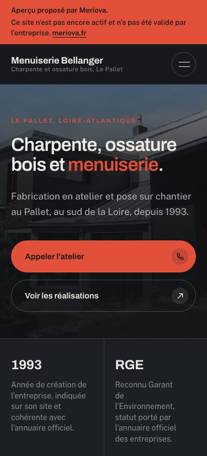 Capture de l'aperçu Meriova sur un écran de 375 px : une colonne, titres lisibles, bouton d'appel