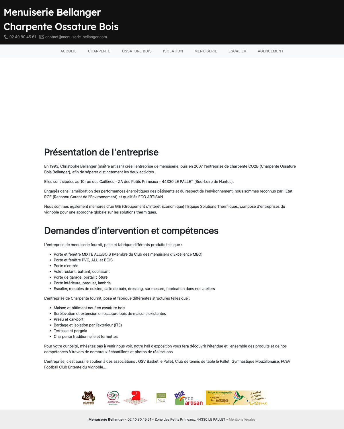 Capture de la page d'accueil actuelle de menuiserie-bellanger.com : bandeau noir, longs paragraphes, aucune photo de réalisation