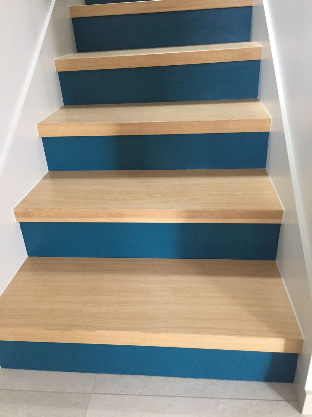 Détail d'un escalier : marches en chêne et contremarches bleues